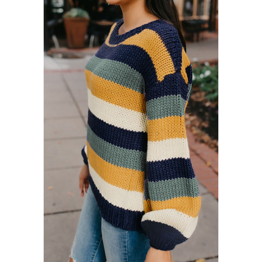 Color Block Round Neck Dropped Shoulder Sweater Apparel and Accessories