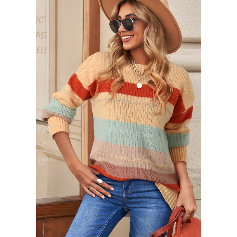 Color Block Round Neck Dropped Shoulder Sweater Apparel and Accessories