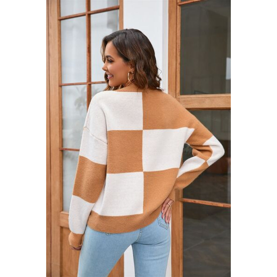 Color Block Round Neck Dropped Shoulder Sweater Apparel and Accessories