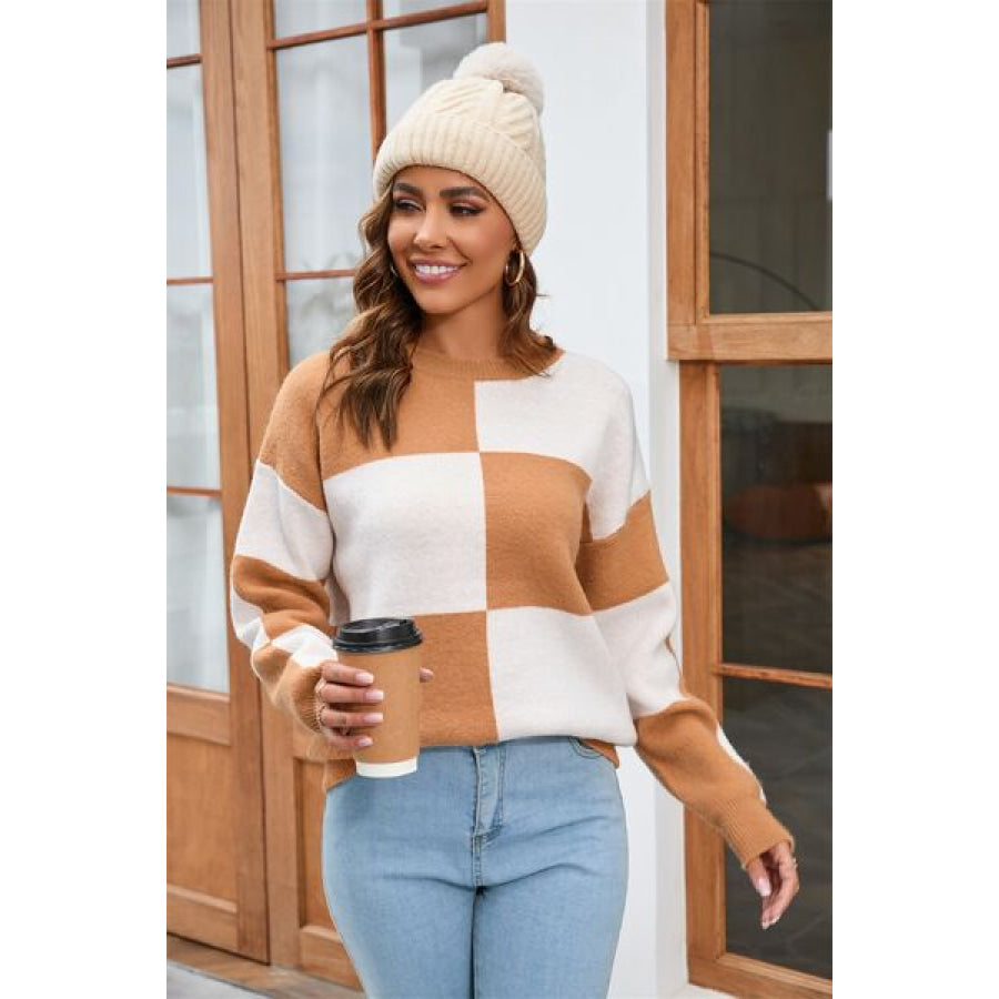 Color Block Round Neck Dropped Shoulder Sweater Apparel and Accessories