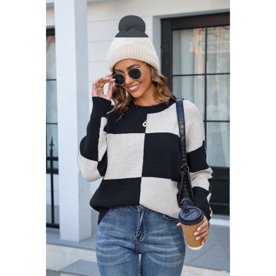 Color Block Round Neck Dropped Shoulder Sweater Apparel and Accessories