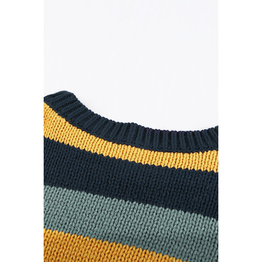 Color Block Round Neck Dropped Shoulder Sweater Apparel and Accessories