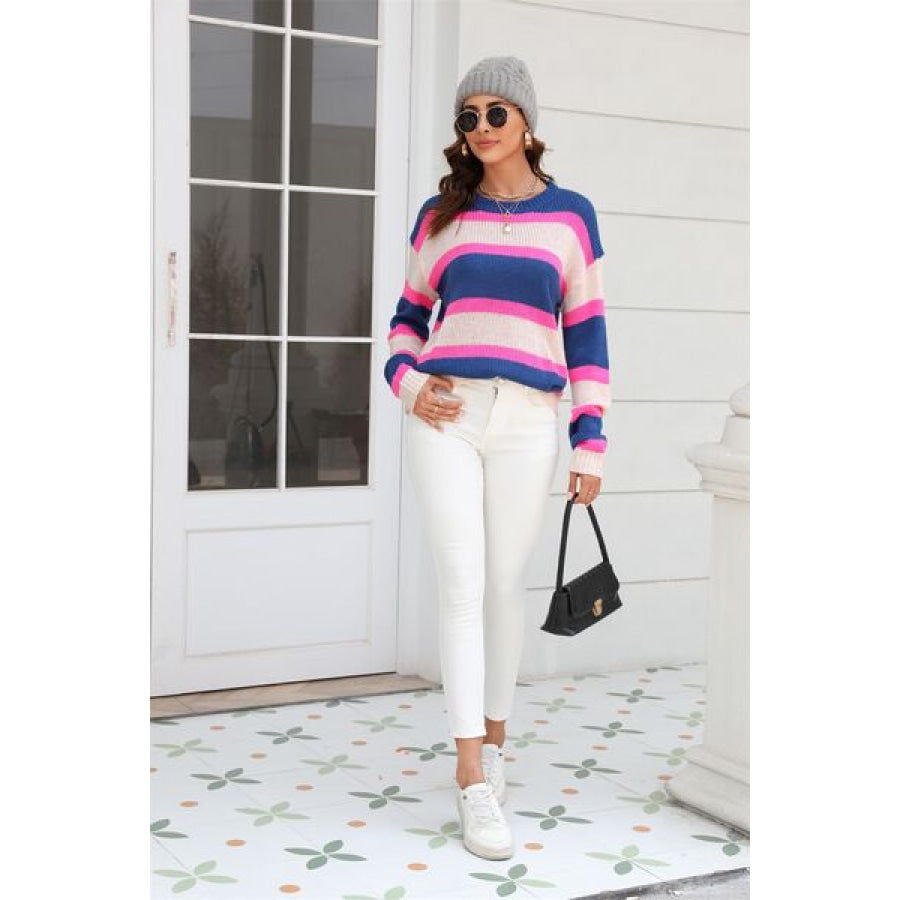 Color Block Round Neck Dropped Shoulder Sweater Apparel and Accessories