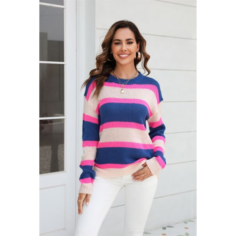 Color Block Round Neck Dropped Shoulder Sweater Apparel and Accessories
