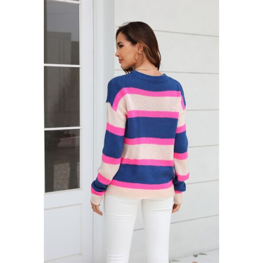 Color Block Round Neck Dropped Shoulder Sweater Apparel and Accessories