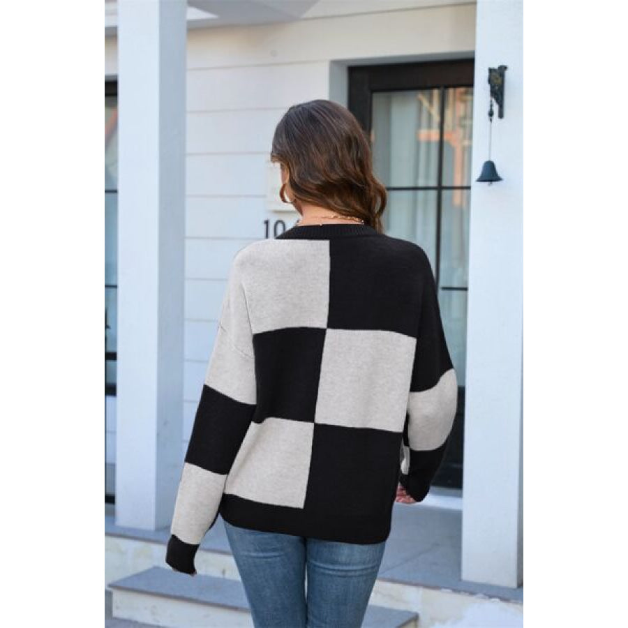 Color Block Round Neck Dropped Shoulder Sweater Apparel and Accessories