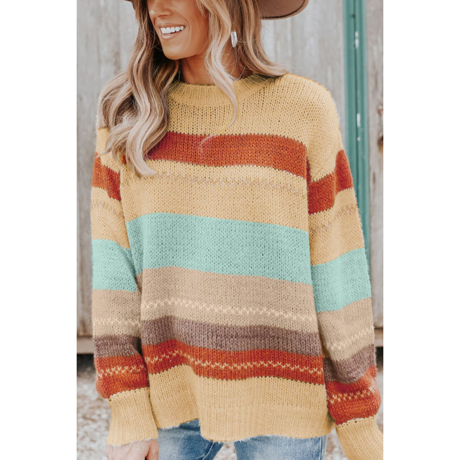 Color Block Round Neck Dropped Shoulder Sweater Apparel and Accessories