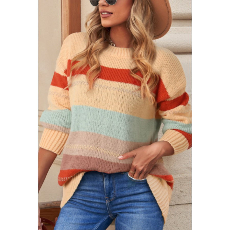 Color Block Round Neck Dropped Shoulder Sweater Apparel and Accessories