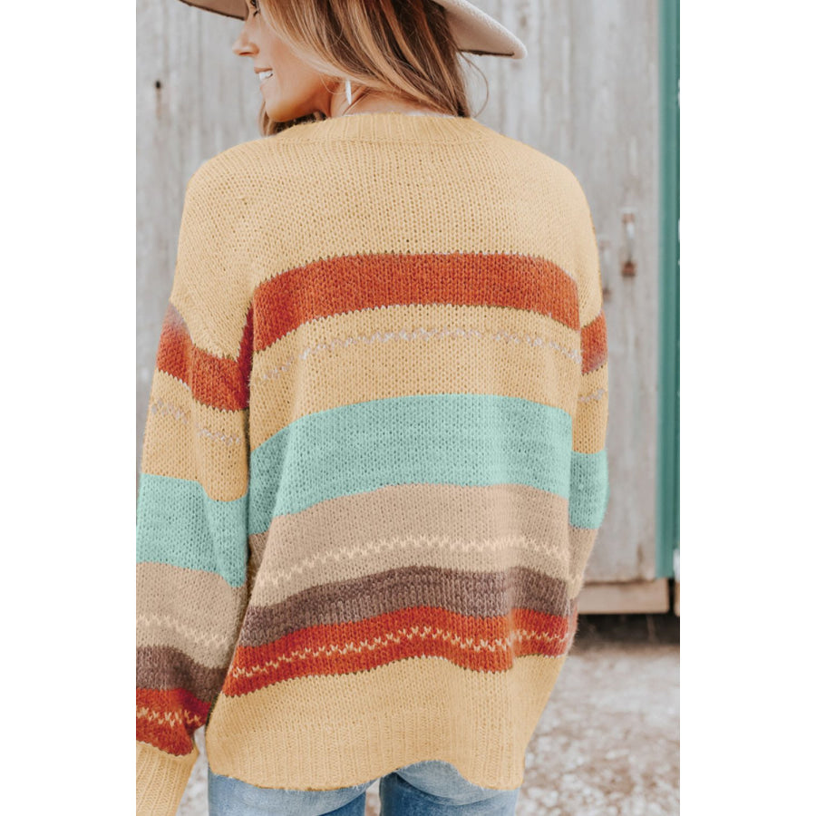 Color Block Round Neck Dropped Shoulder Sweater Apparel and Accessories