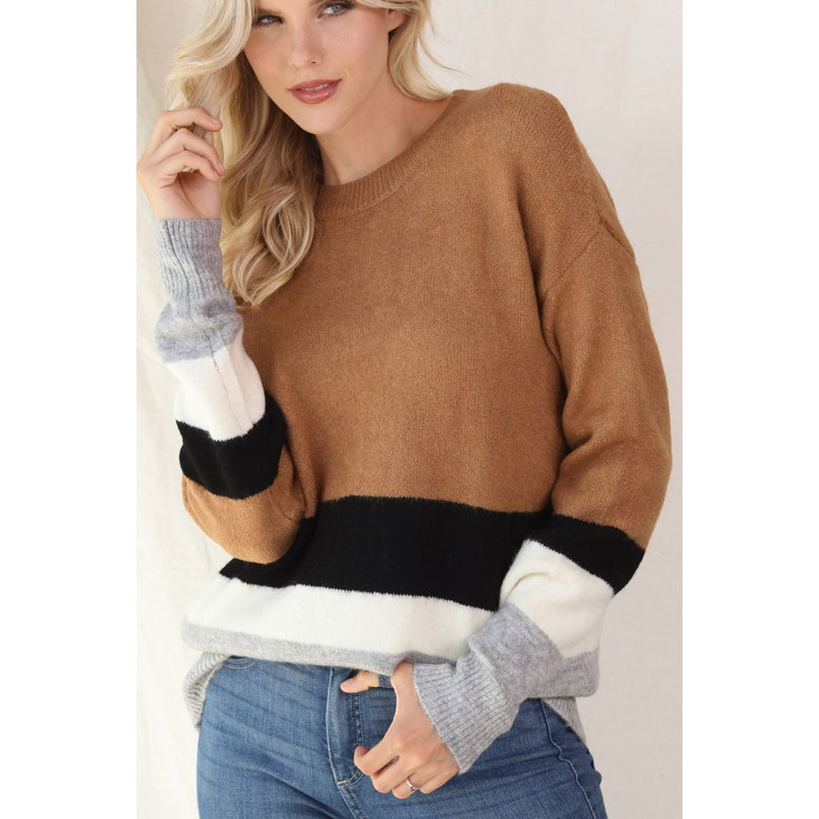 Color Block Round Neck Dropped Shoulder Sweater Apparel and Accessories