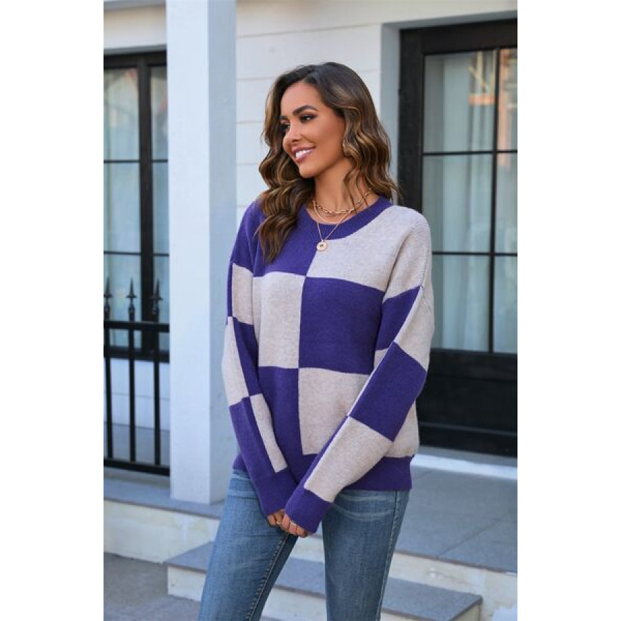 Color Block Round Neck Dropped Shoulder Sweater Apparel and Accessories