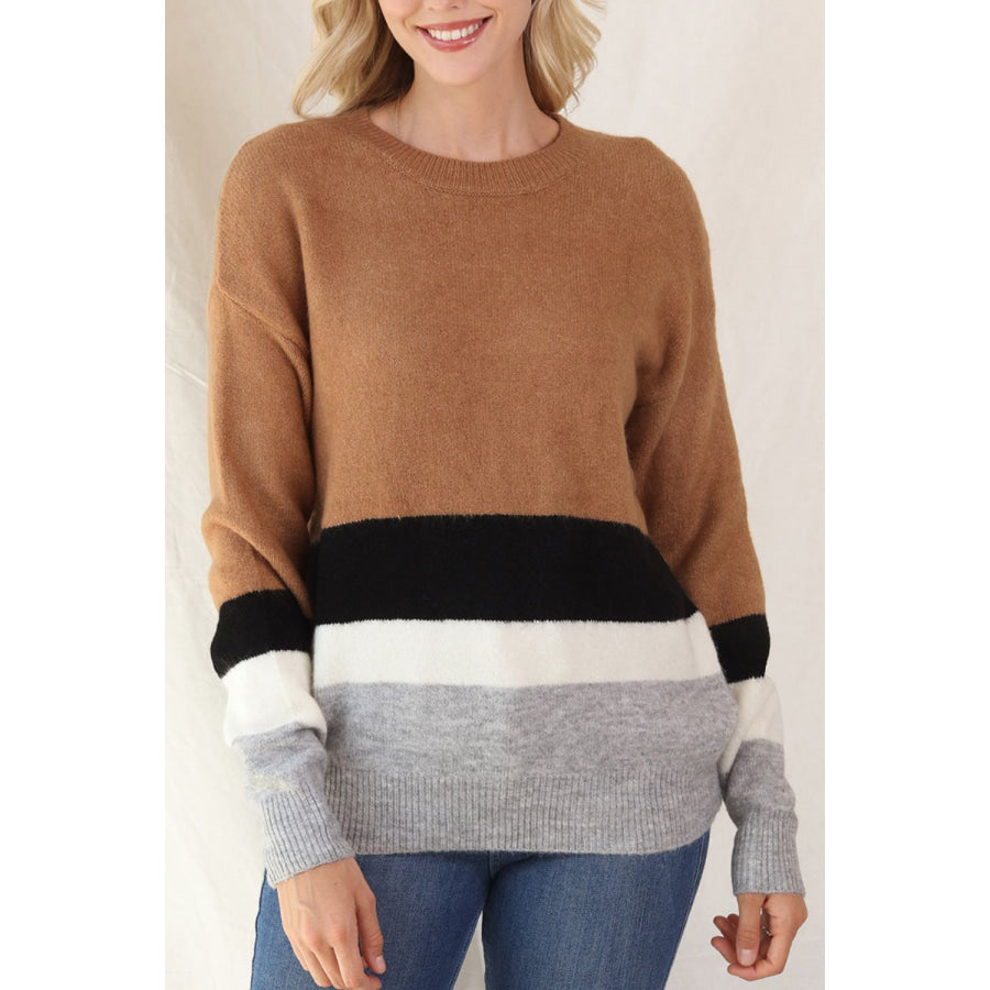 Color Block Round Neck Dropped Shoulder Sweater Apparel and Accessories
