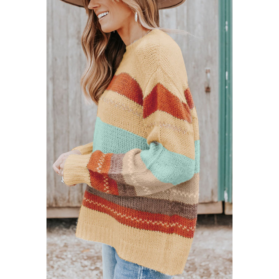 Color Block Round Neck Dropped Shoulder Sweater Apparel and Accessories