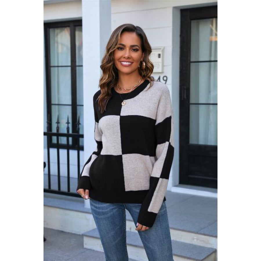 Color Block Round Neck Dropped Shoulder Sweater Apparel and Accessories