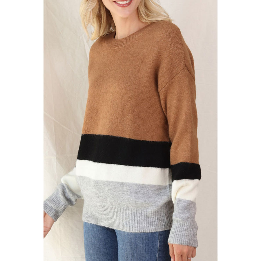 Color Block Round Neck Dropped Shoulder Sweater Camel / S Apparel and Accessories