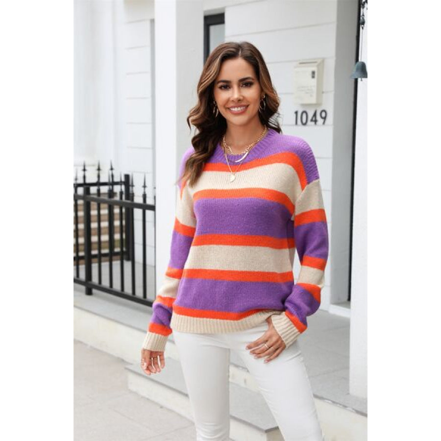 Color Block Round Neck Dropped Shoulder Sweater Apparel and Accessories