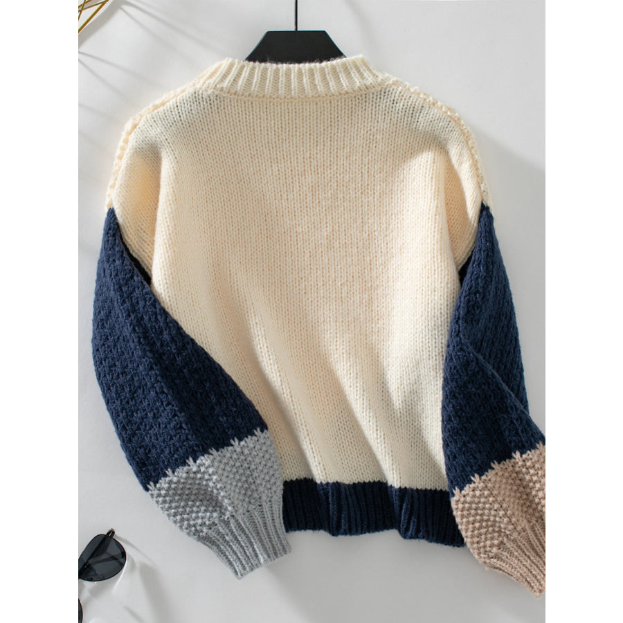 Color Block Round Neck Dropped Shoulder Sweater Apparel and Accessories
