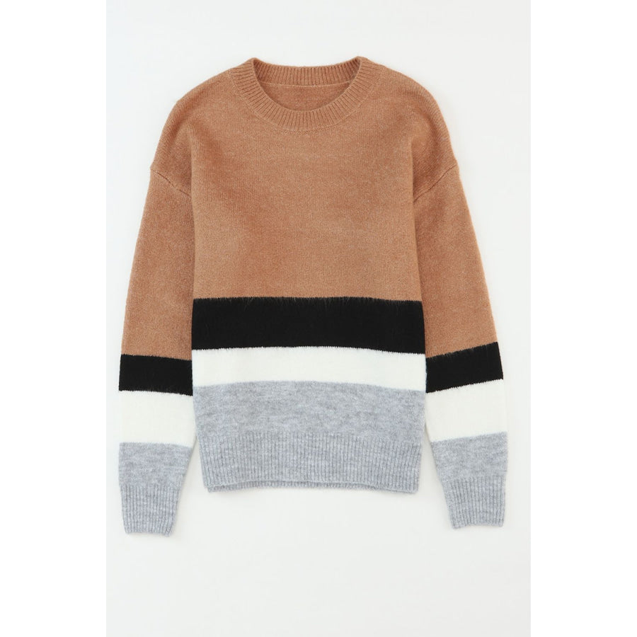 Color Block Round Neck Dropped Shoulder Sweater Apparel and Accessories