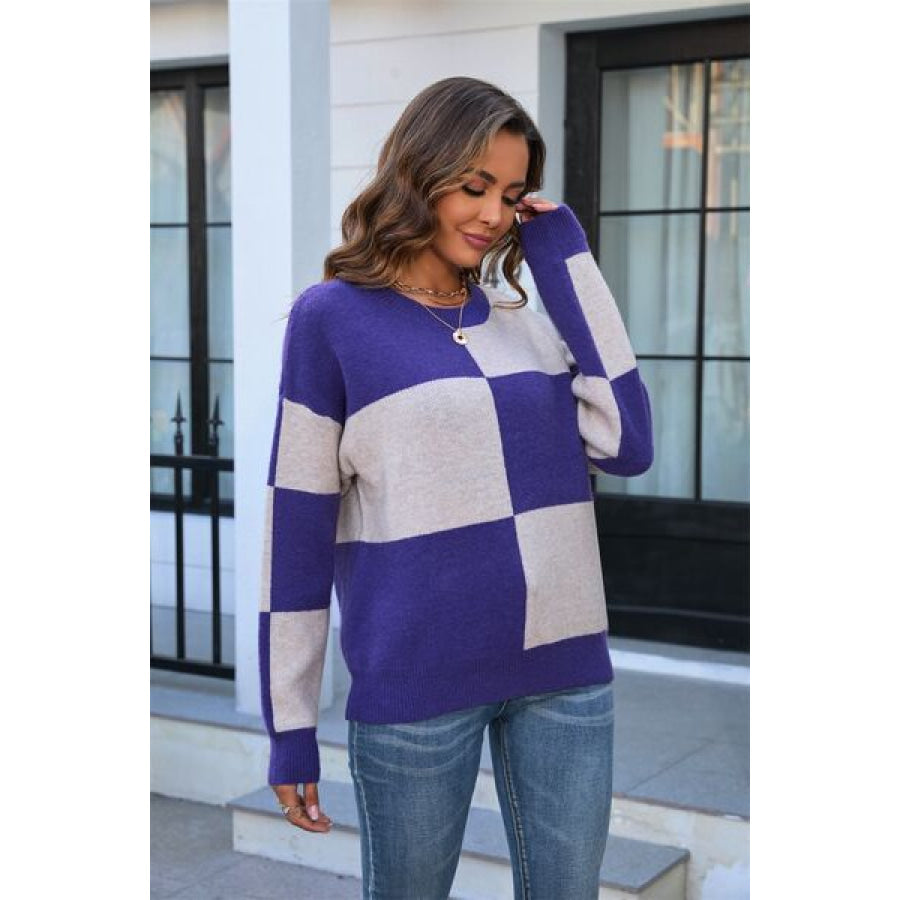 Color Block Round Neck Dropped Shoulder Sweater Apparel and Accessories