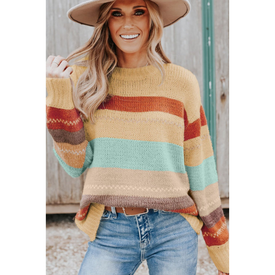 Color Block Round Neck Dropped Shoulder Sweater Apparel and Accessories