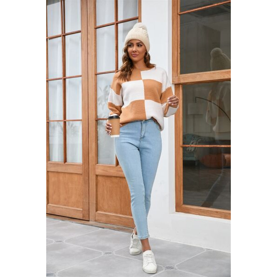 Color Block Round Neck Dropped Shoulder Sweater Apparel and Accessories