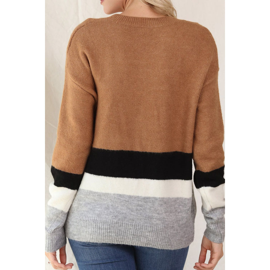Color Block Round Neck Dropped Shoulder Sweater Apparel and Accessories