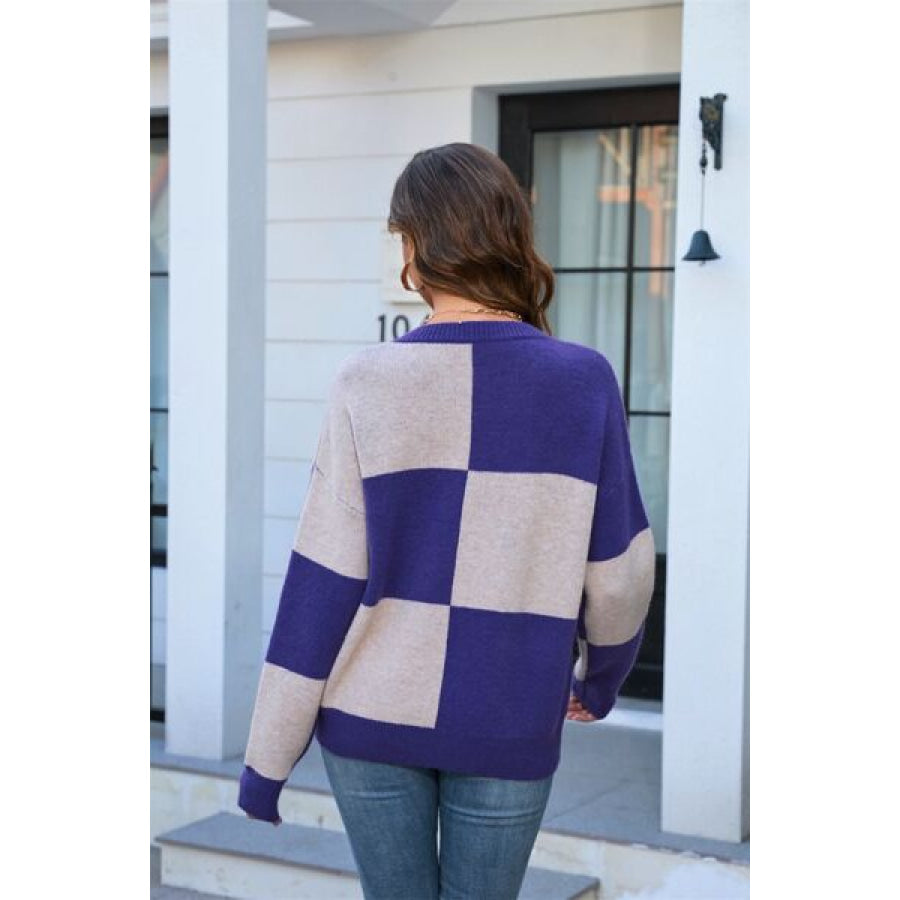 Color Block Round Neck Dropped Shoulder Sweater Apparel and Accessories