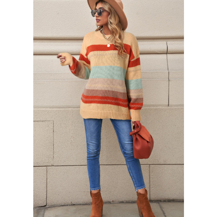 Color Block Round Neck Dropped Shoulder Sweater Apparel and Accessories