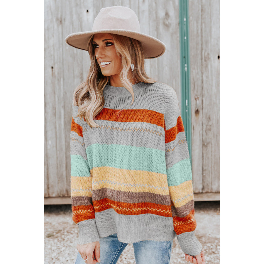 Color Block Round Neck Dropped Shoulder Sweater Apparel and Accessories