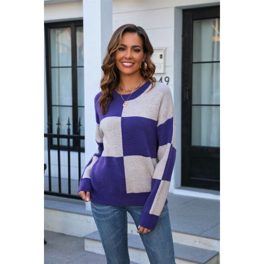 Color Block Round Neck Dropped Shoulder Sweater Apparel and Accessories