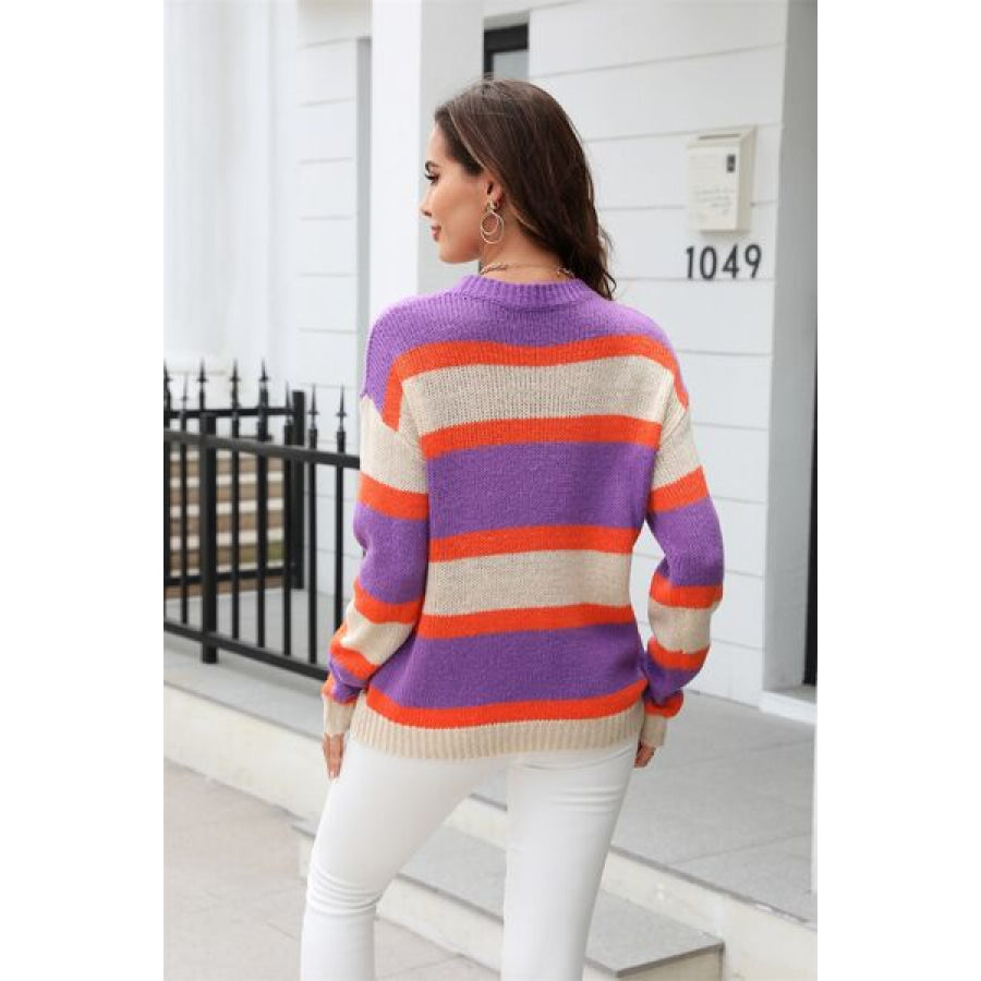 Color Block Round Neck Dropped Shoulder Sweater Apparel and Accessories