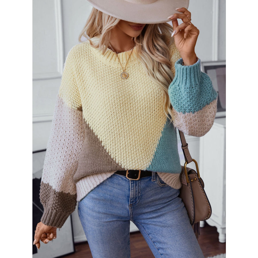 Color Block Round Neck Dropped Shoulder Sweater Cream / S Apparel and Accessories