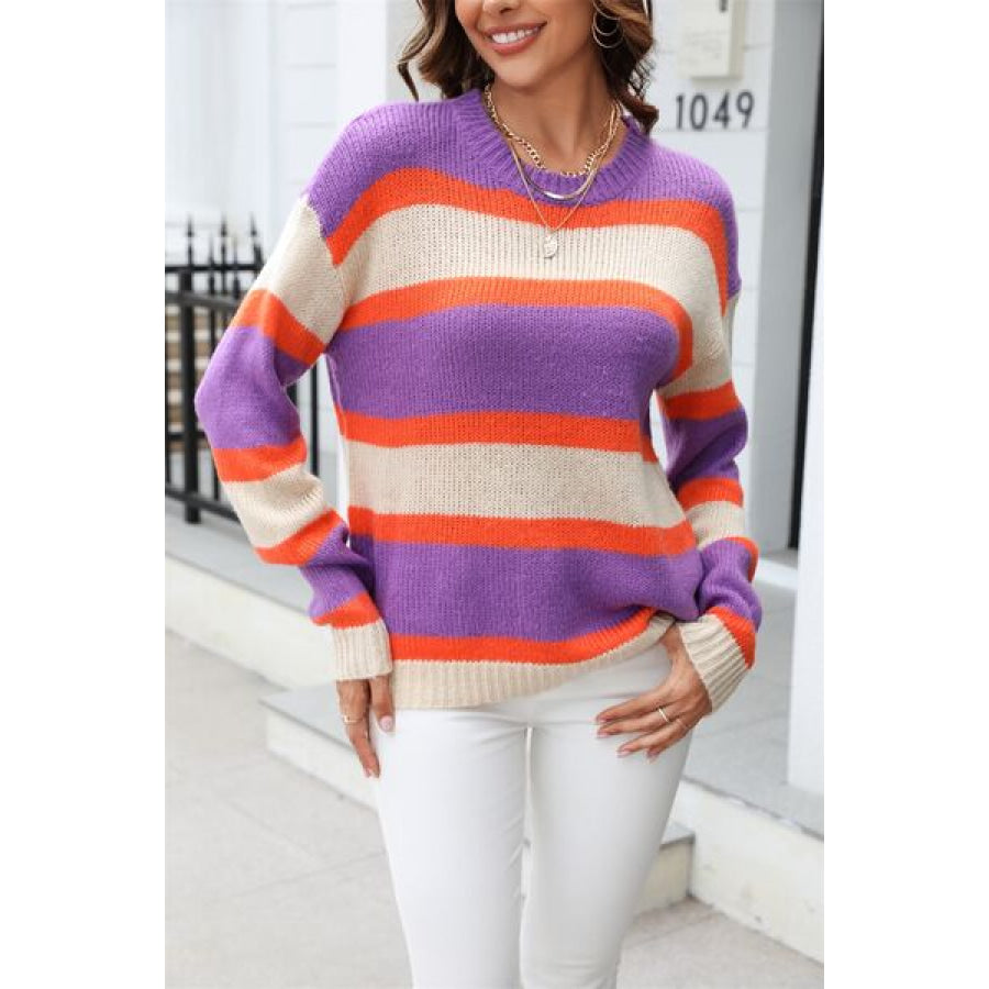 Color Block Round Neck Dropped Shoulder Sweater Lavender / S Apparel and Accessories