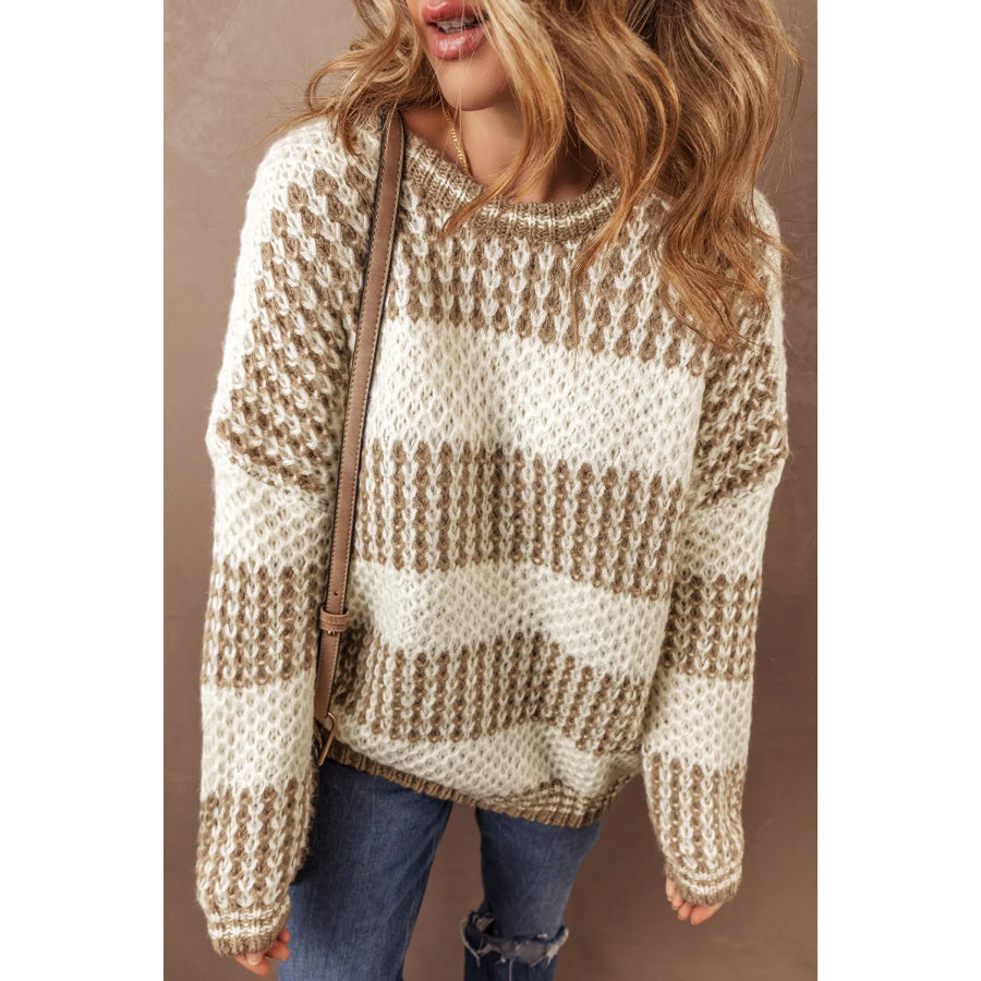 Color Block Round Neck Dropped Shoulder Sweater Taupe / S Apparel and Accessories