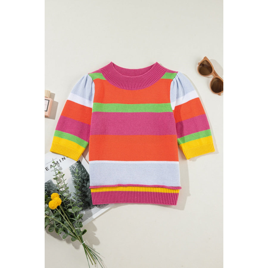 Color Block Round Neck Half Sleeve Knit Top Apparel and Accessories
