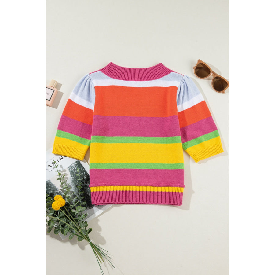 Color Block Round Neck Half Sleeve Knit Top Apparel and Accessories