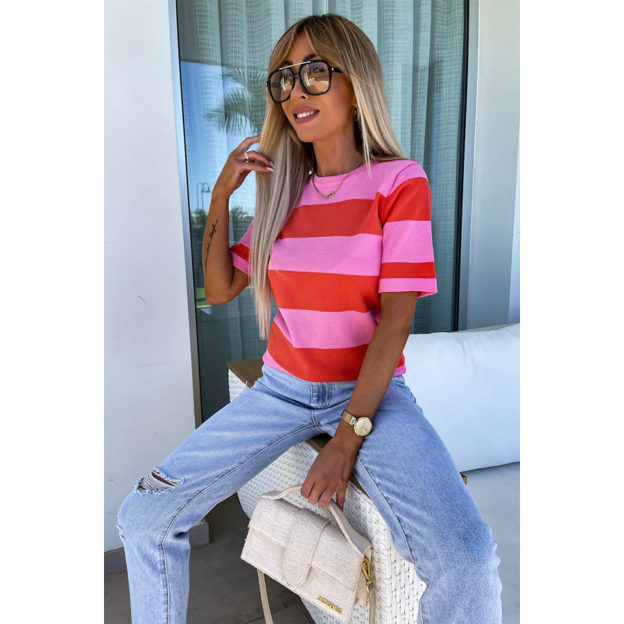 Color Block Round Neck Half Sleeve Top Apparel and Accessories