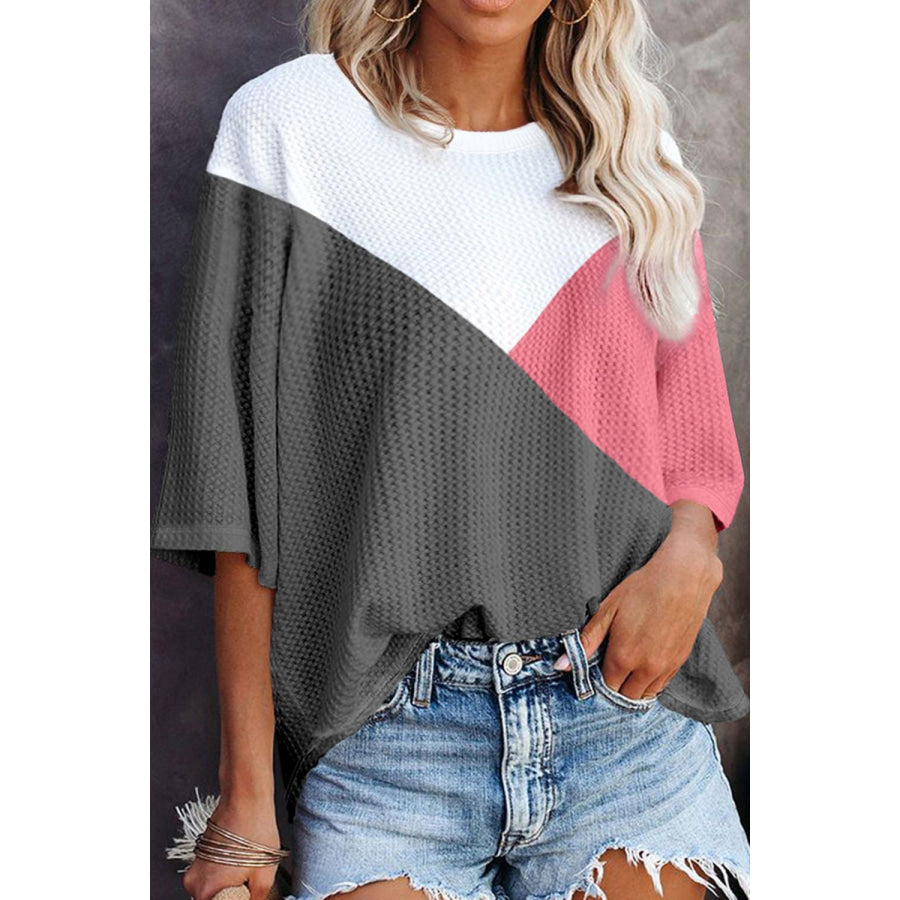 Color Block Round Neck Half Sleeve Top Dark Gray / S Apparel and Accessories