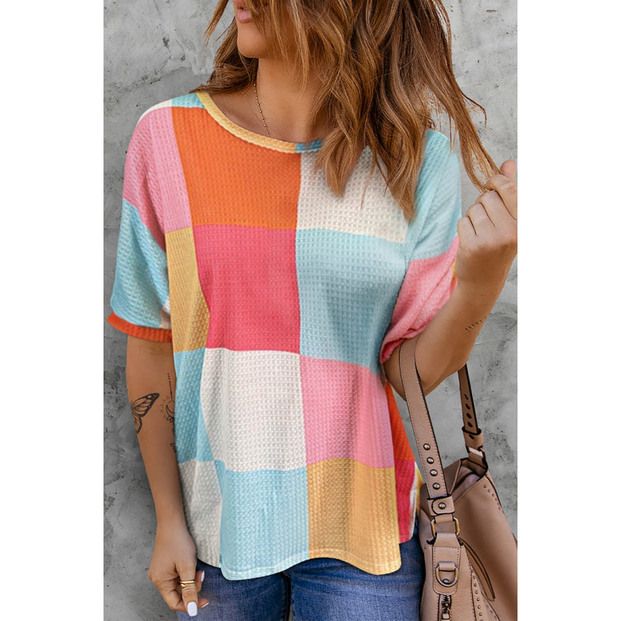 Color Block Round Neck Half Sleeve Top Pink / S Apparel and Accessories