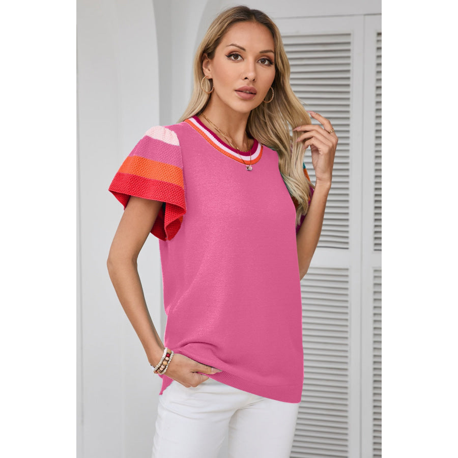 Color Block Round Neck Knit Top Apparel and Accessories