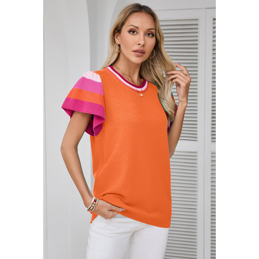 Color Block Round Neck Knit Top Apparel and Accessories