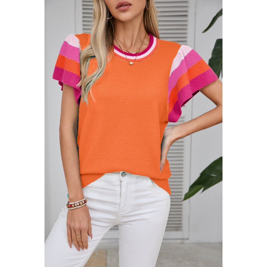 Color Block Round Neck Knit Top Orange / S Apparel and Accessories