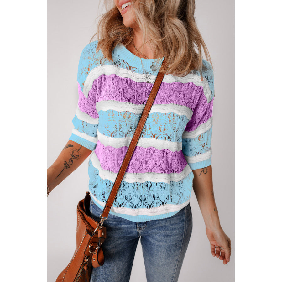Color Block Round Neck Knit Top Pink Purple / S Apparel and Accessories