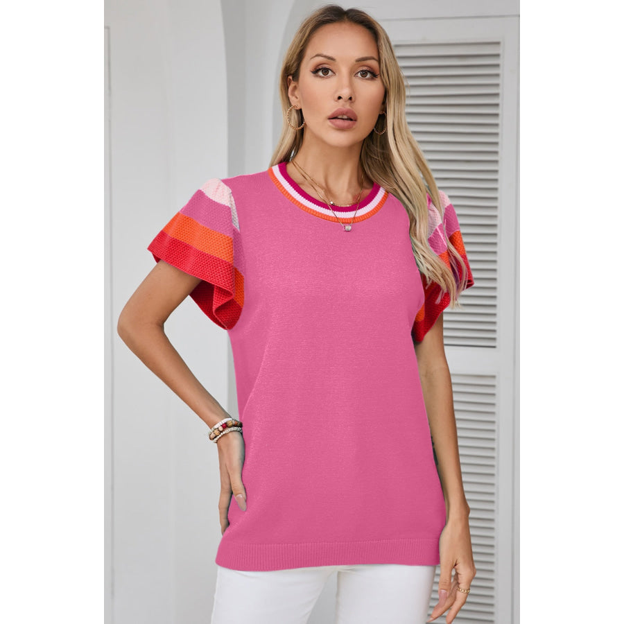 Color Block Round Neck Knit Top Pink / S Apparel and Accessories