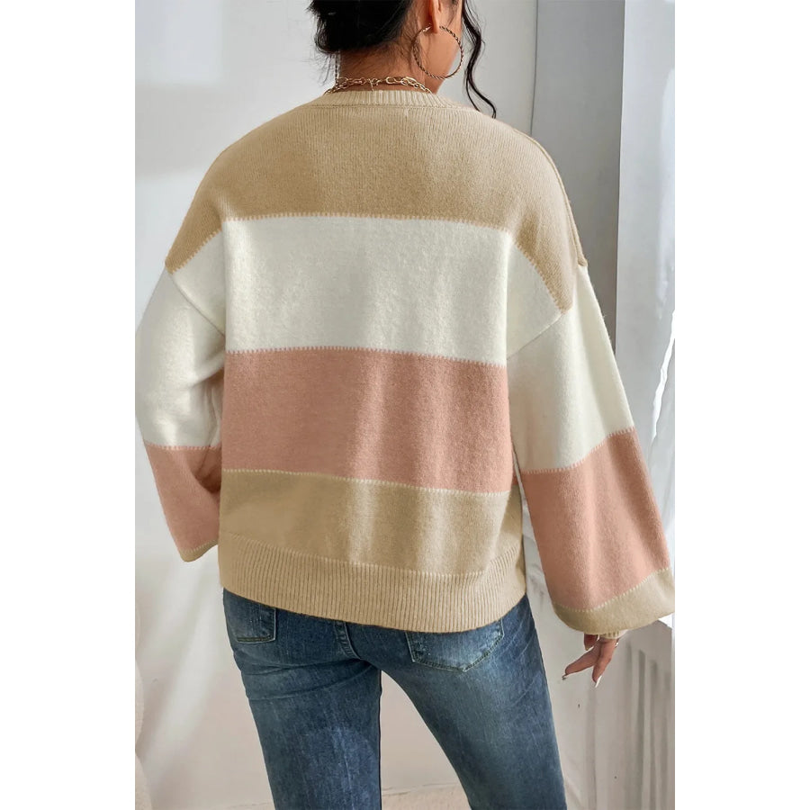 Color Block Round Neck Lantern Sleeve Sweater Apparel and Accessories