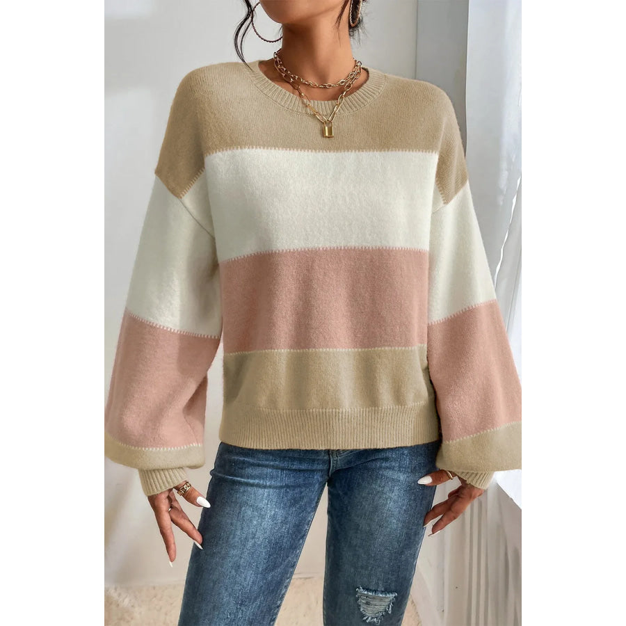 Color Block Round Neck Lantern Sleeve Sweater Khaki / S Apparel and Accessories