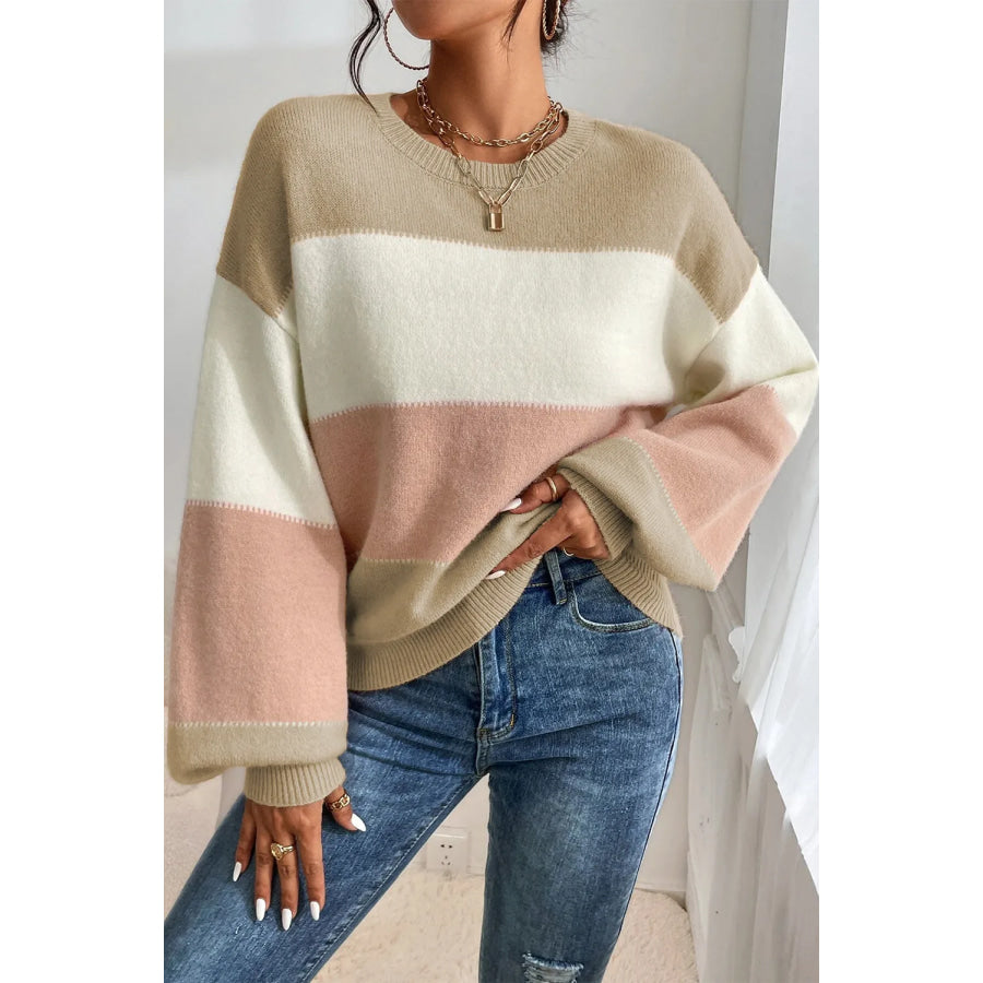 Color Block Round Neck Lantern Sleeve Sweater Khaki / S Apparel and Accessories