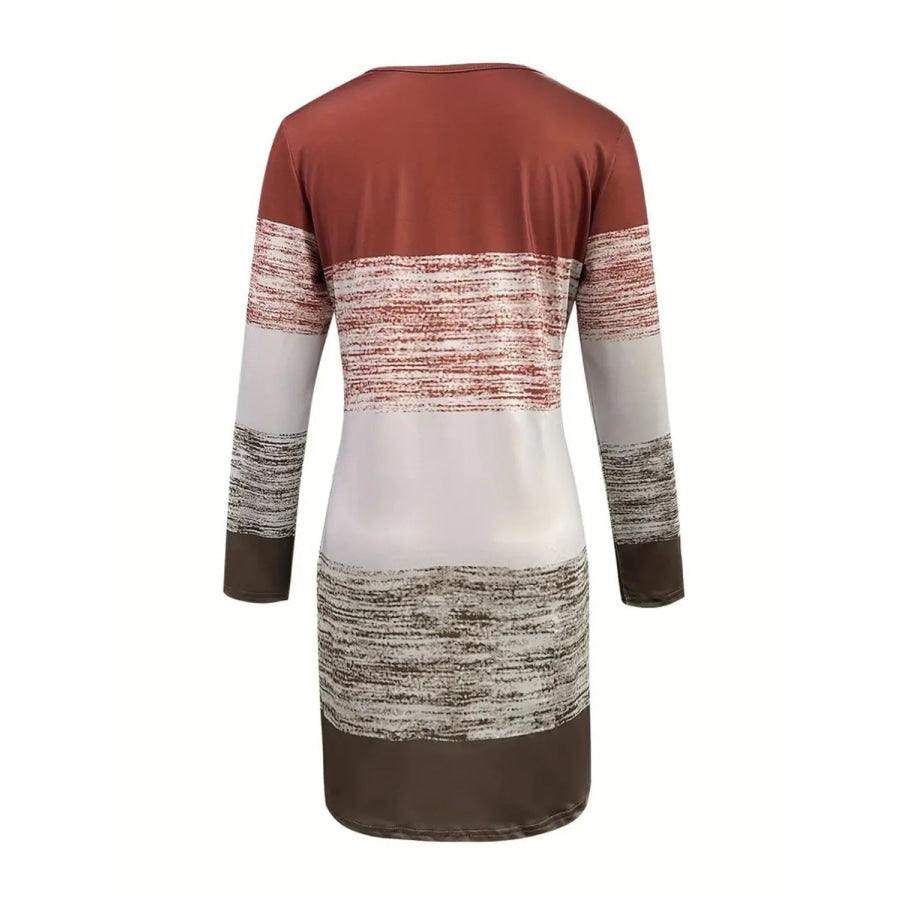Color Block Round Neck Long Sleeve Dress Apparel and Accessories