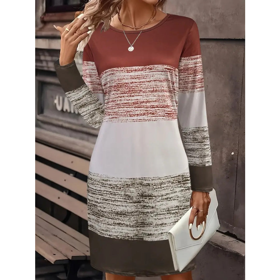 Color Block Round Neck Long Sleeve Dress Brown / S Apparel and Accessories