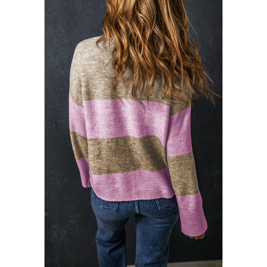 Color Block Round Neck Long Sleeve Sweater Apparel and Accessories